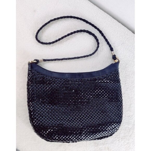 Black Mesh Handbag Shoulder Strap Braided Leather Glossy Day Evening 8x11 Purse - Picture 7 of 9